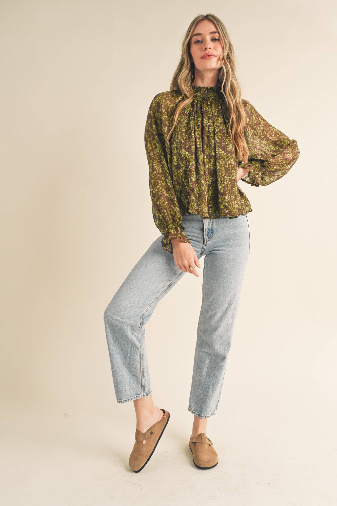 FLORAL LUREX BALLOON SLEEVE TOP: BROWN SAGE LIME