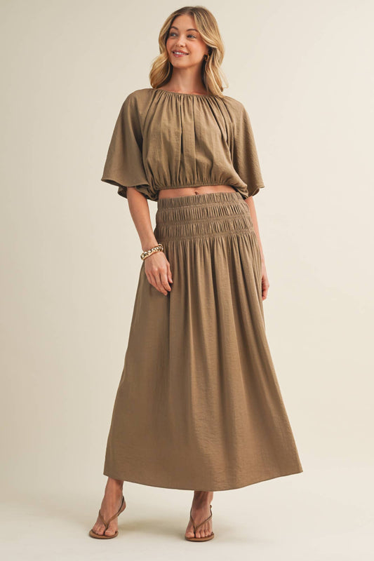 Smocked Waistband A-Line Maxi Skirt and bubble top set: MOCHA