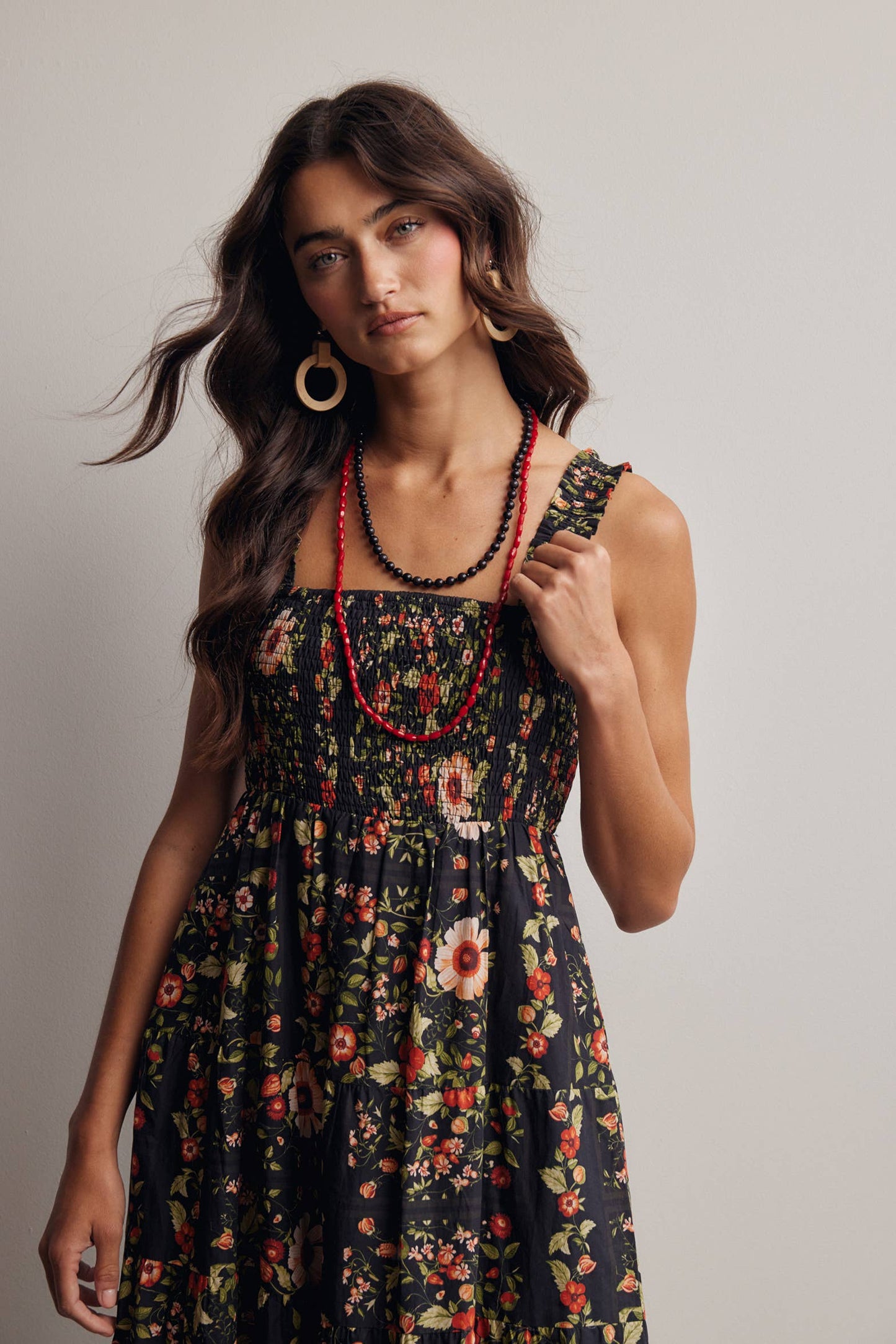 Floral Smocked Tiered Midi Dress: Black