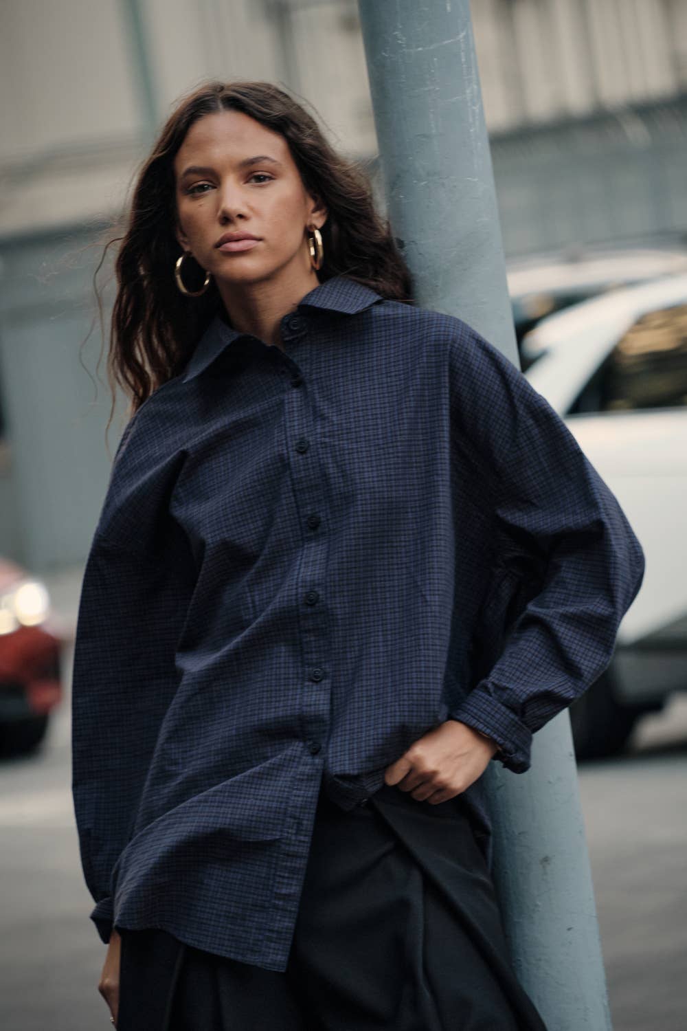 Plaid Button-Front Collared Long-Sleeve Oversize Shirt: Retro Blue