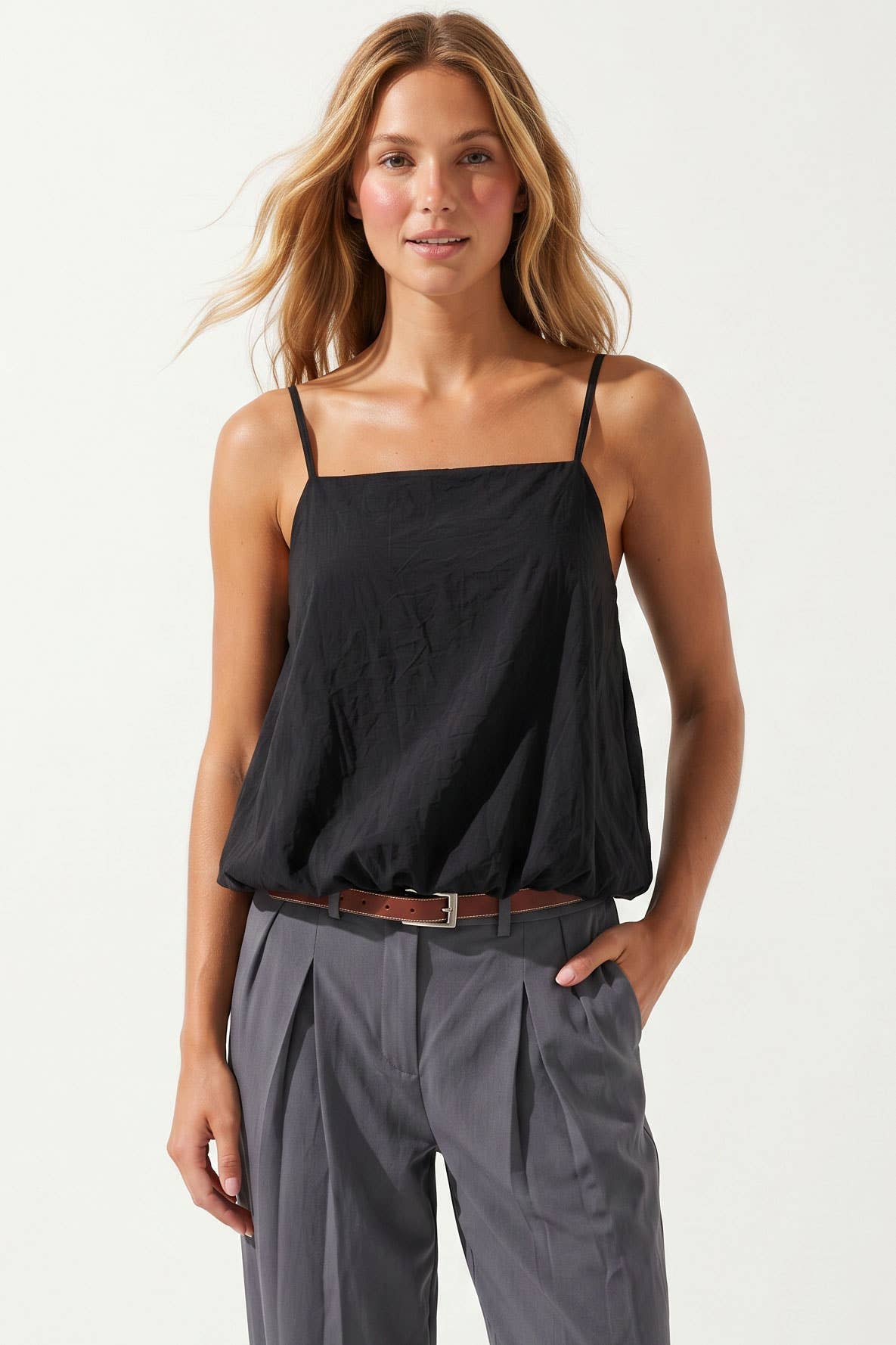 Billowy Cami Top With Bubble Hem: Black