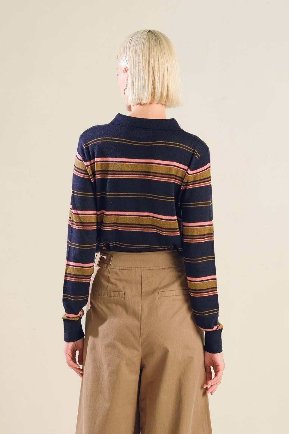 A striped sweater knit polo top: NAVY MULTI