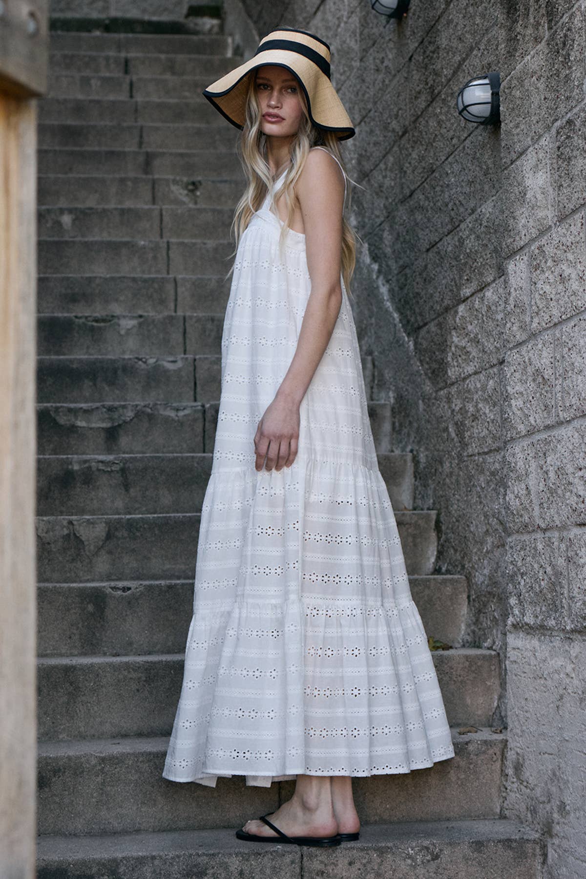 Eyelet Tiered Button Front Maxi Dress: WHITE