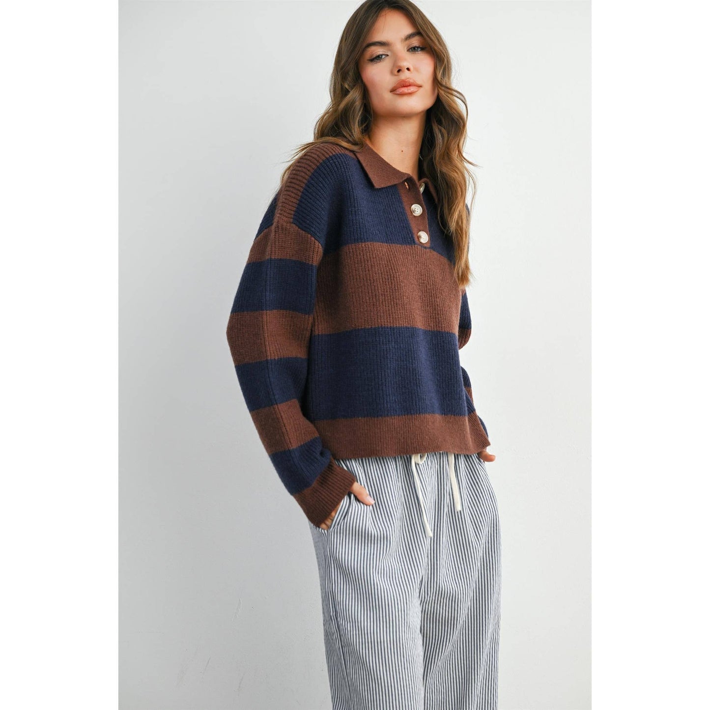 Striped Color Block Collared Sweater: BROWN / OLIVE