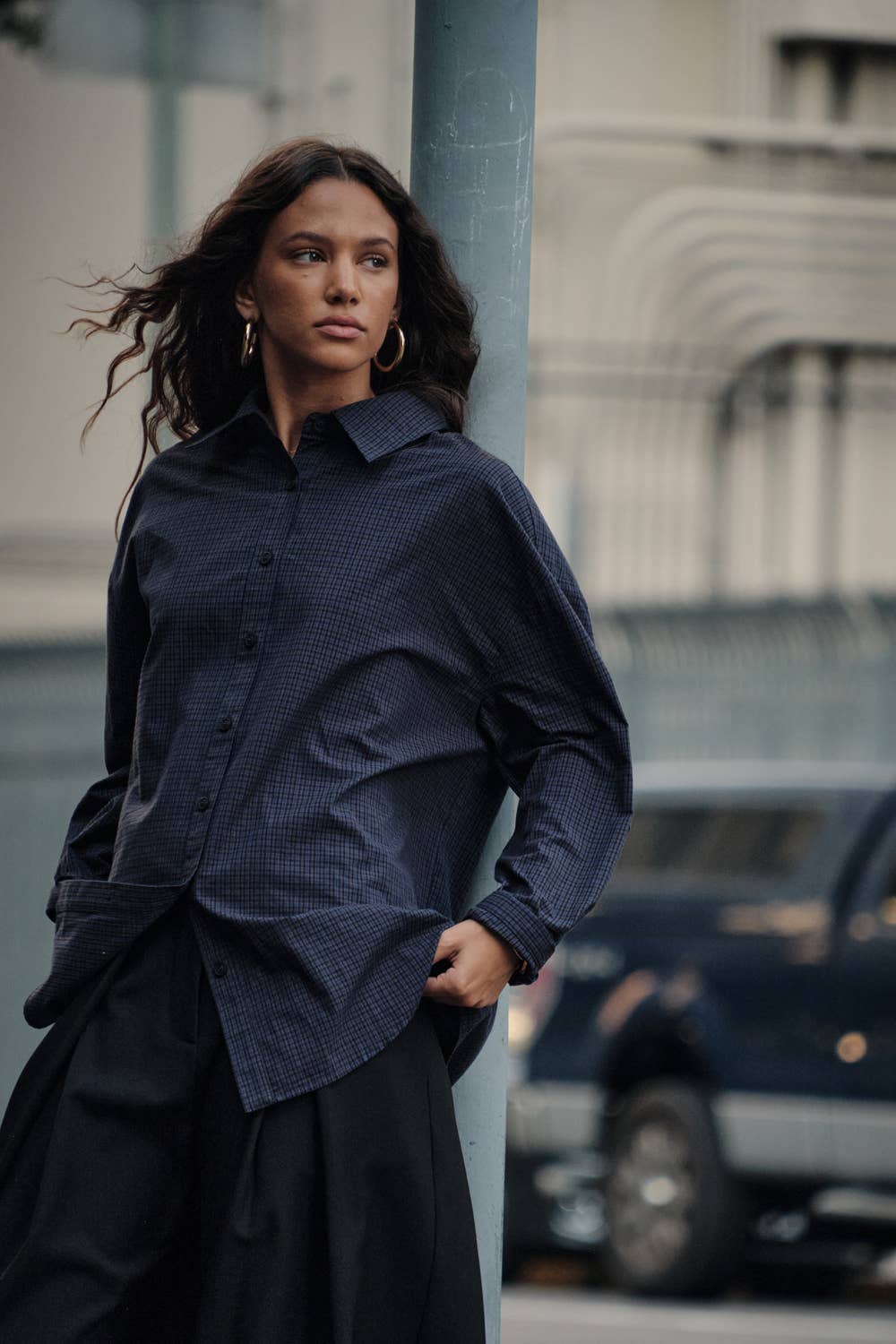 Plaid Button-Front Collared Long-Sleeve Oversize Shirt: Retro Blue