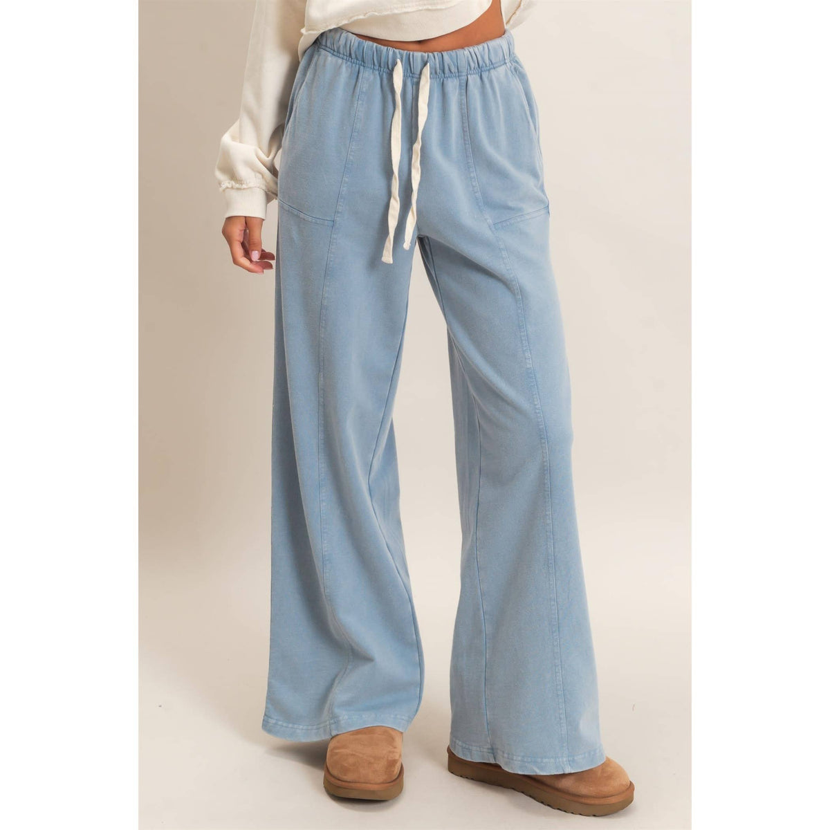 Acid Wash Drawstring Waist Wide Leg Pants: DUSTY BLUE