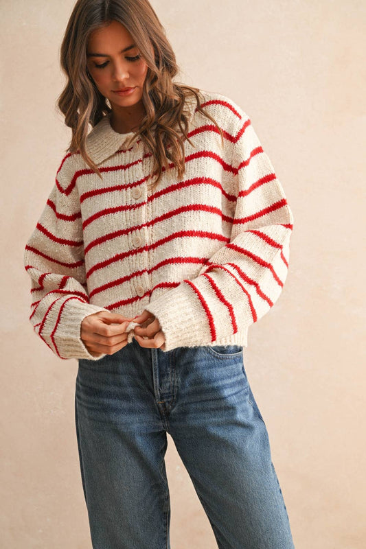 BUTTONDOWN STRIPED KNITTED CARDIGAN: Red