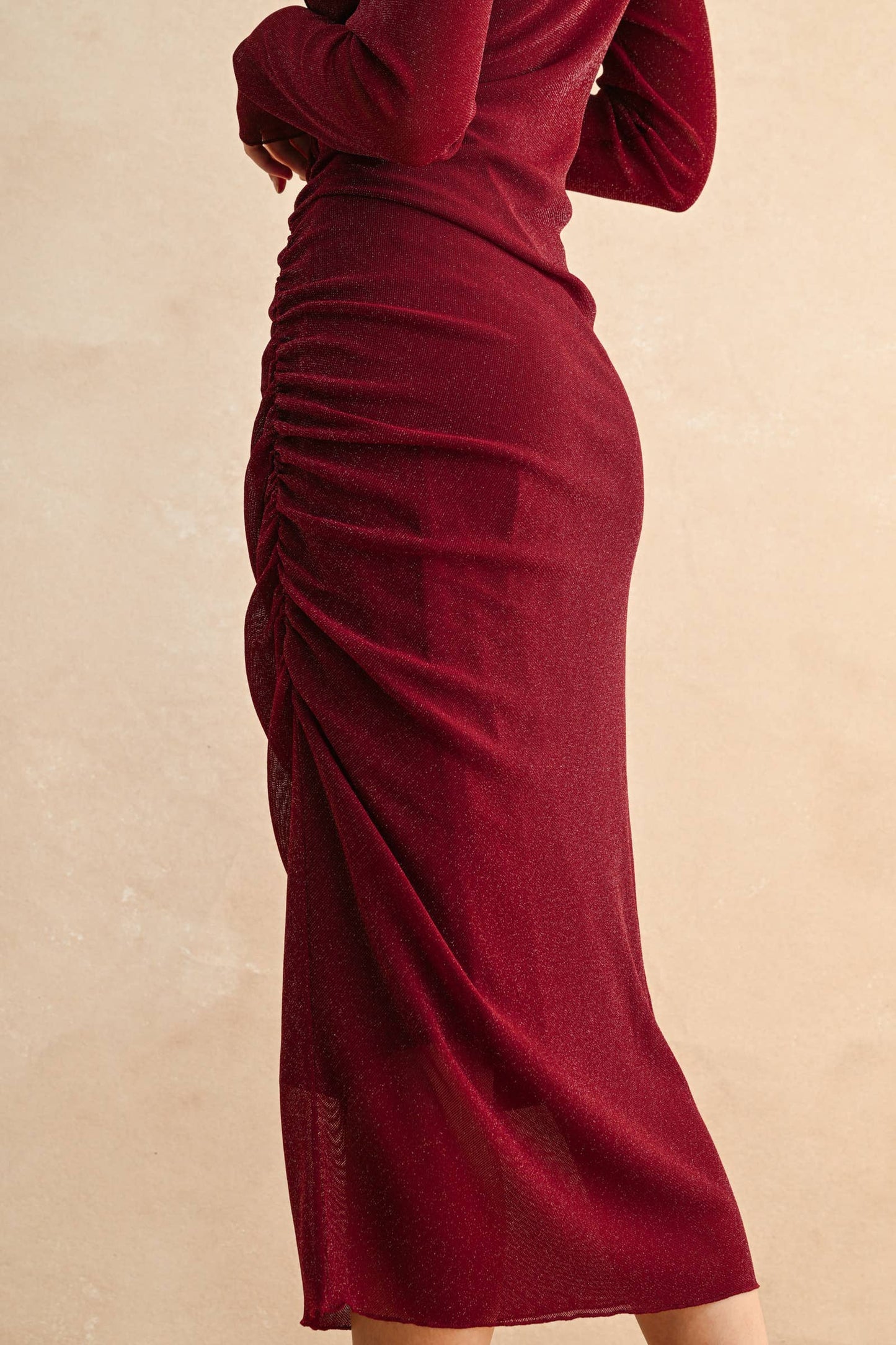 MESH DRAPED DRESS: ESPRESSO