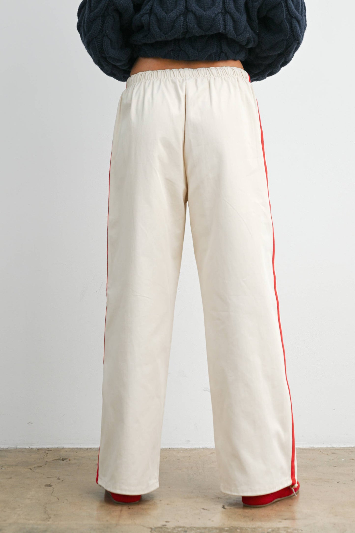 Striped Wide-Leg Drawstring Track Pants: IVORY / RED
