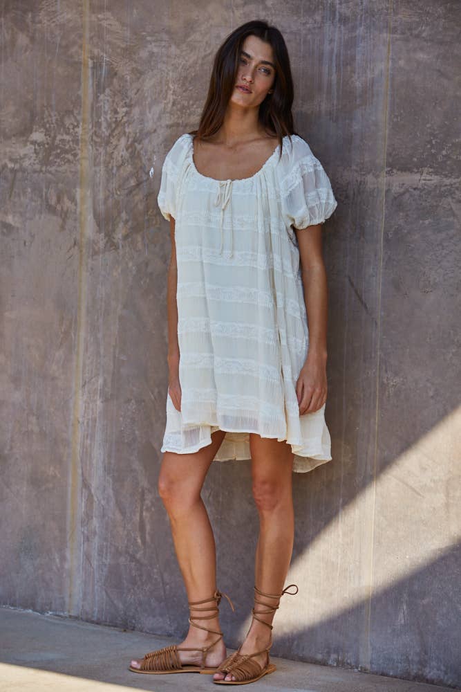 Woven Polyester Pleated Lace Striped Mini Dress : Ivory