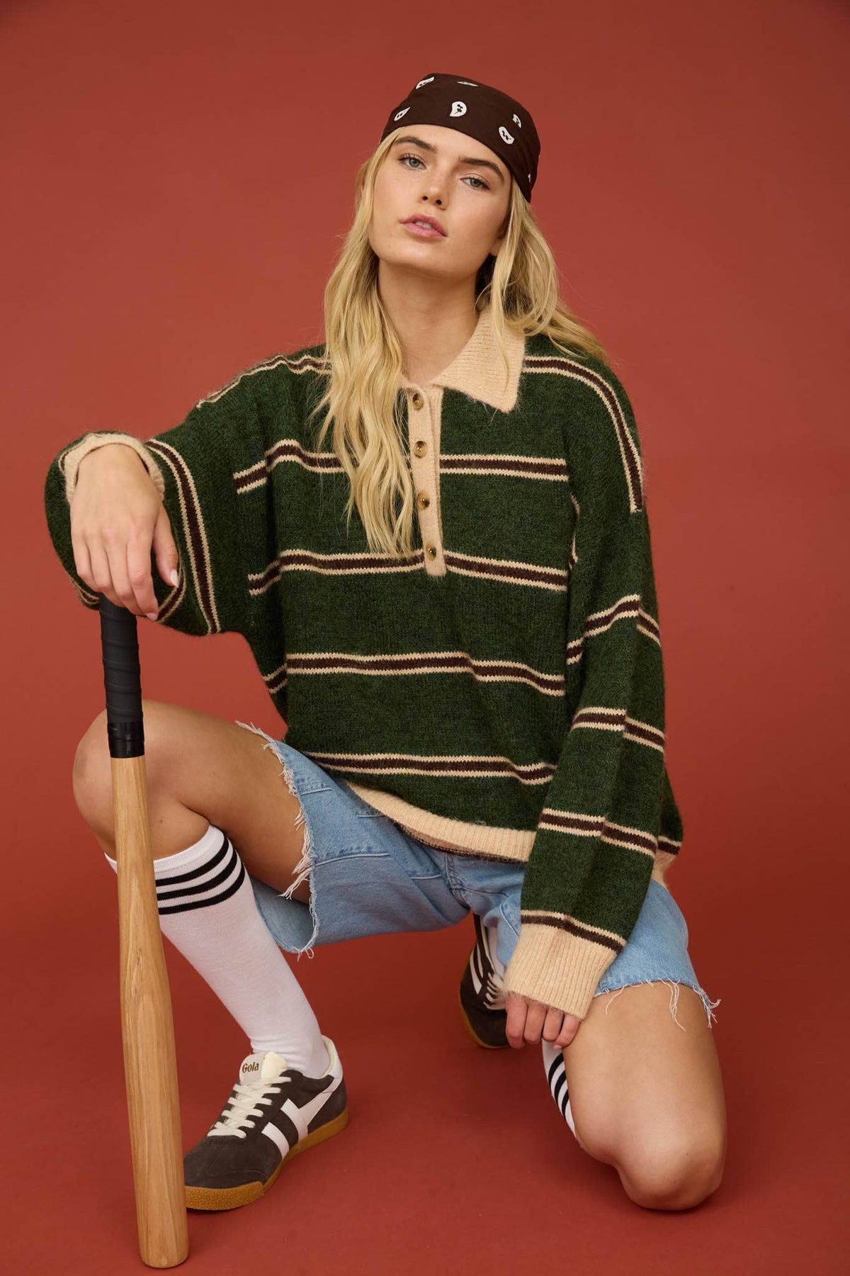 CONTRAST COLLAR STRIPE POLO FUZZY KNIT SWEATER : HUNTER GREEN MULTI