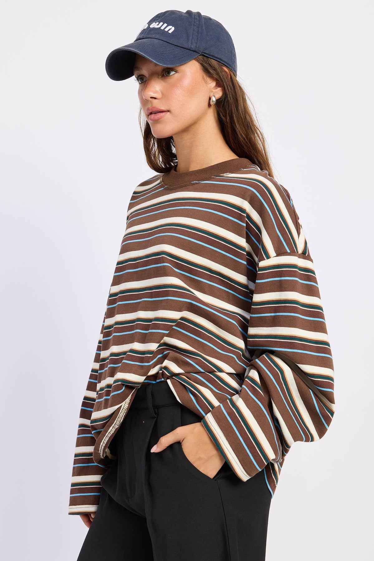 LONG SLEEVE STRIPED TOP: BROWN BLUE STRIPE