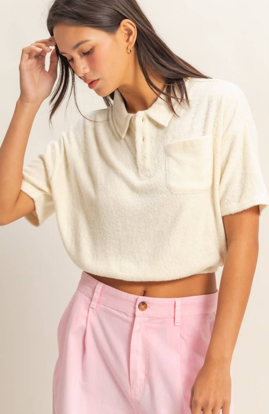 Collared Short Sleeve Crop Top: FRENCH VANILLA