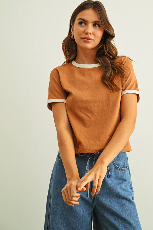 SHORT SLEEVE RINGER TOP: Brown
