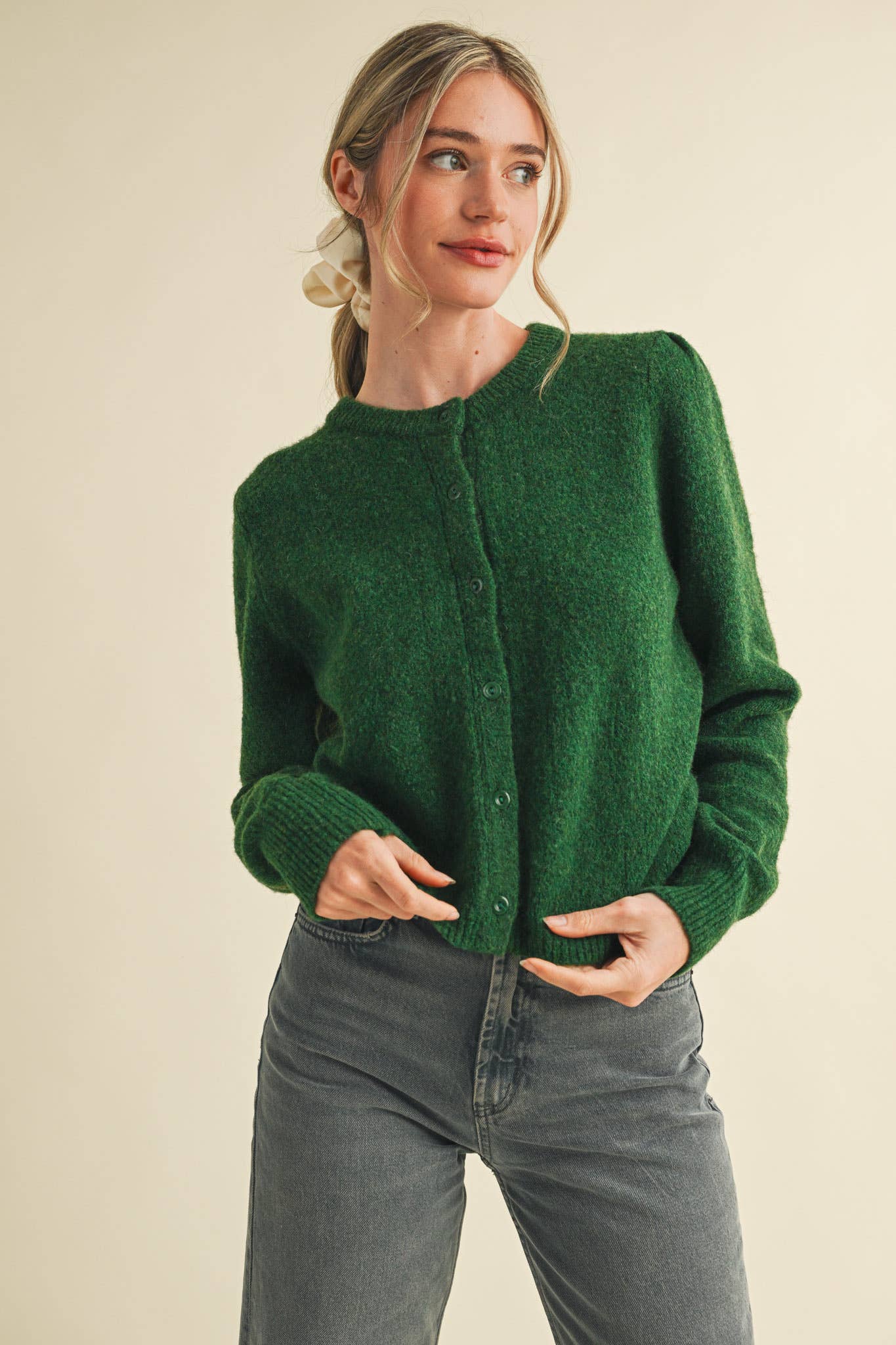 HEAVY PUFF SLEEVE SWEATER CARDIGAN: CHARCOAL