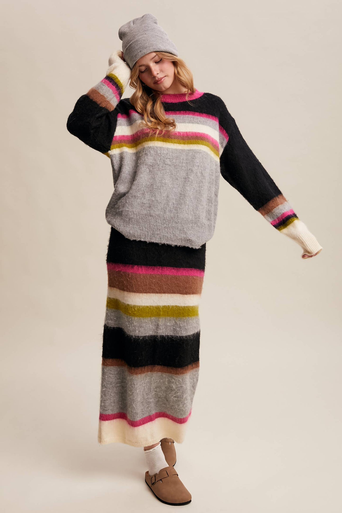 Striped Fuzzy Knit Sweater & Skirt: Light Pink Multi