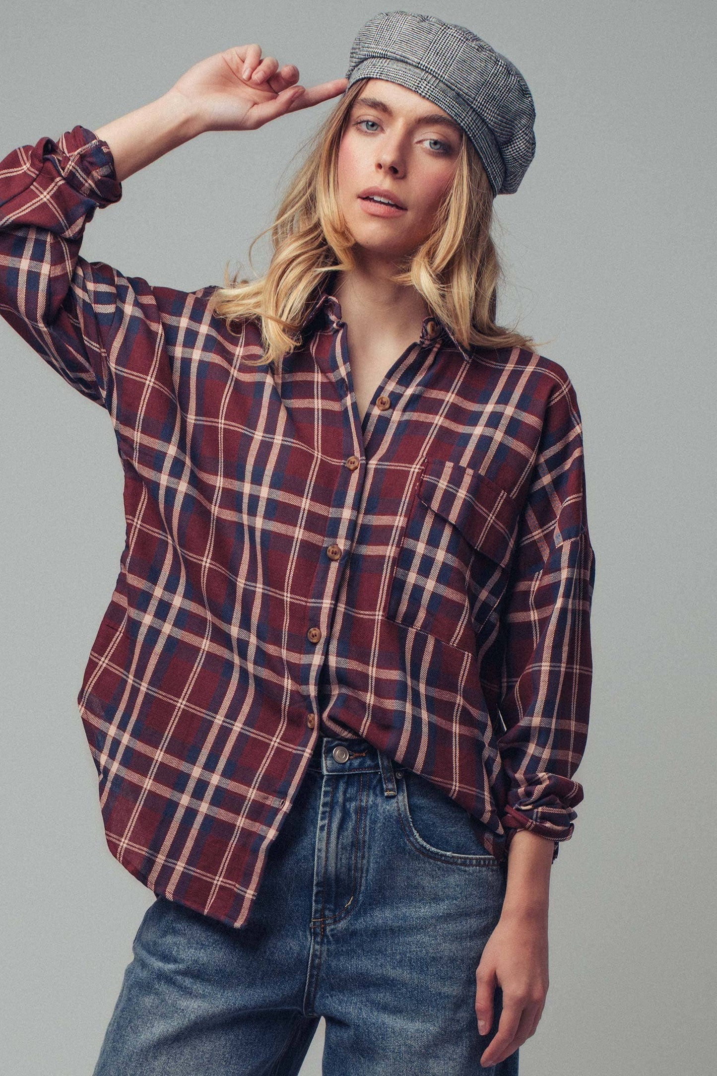 Classic Plaid Cotton Flannel Boyfriend Shirt: BURGUNDY MULTI