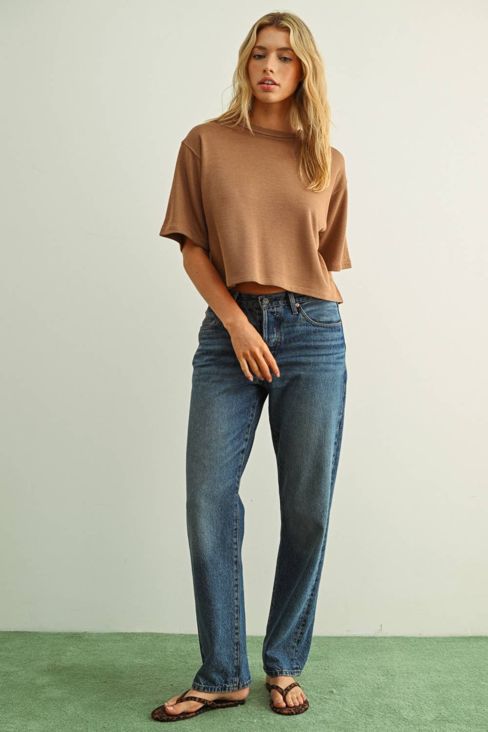 SOFR BRUSHED FABRIC SHORT SLEEVE TOP: MOCHA