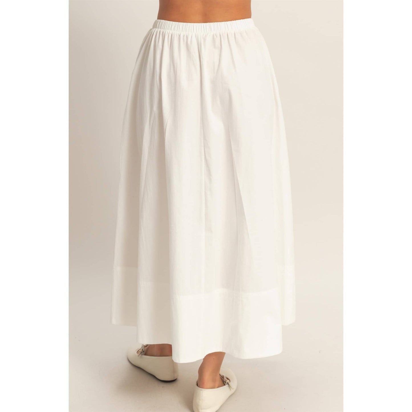 Elastic Waist Midi Poplin Skirt: WHITE