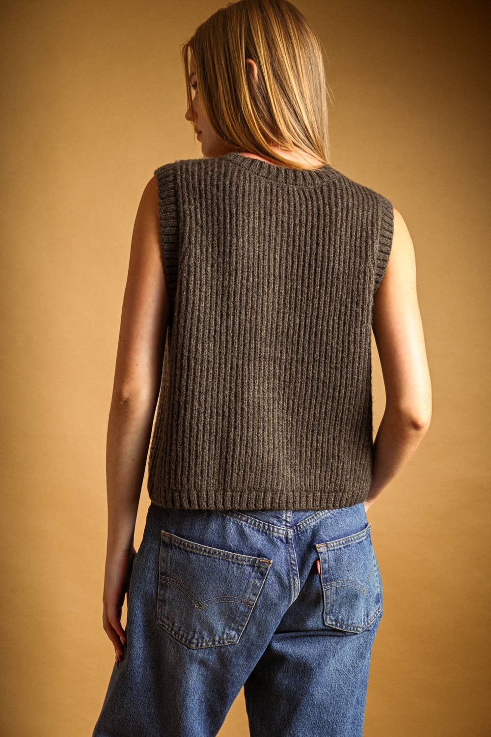 COLOR CONTRASTED BUTTON FRONT VEST: BROWN