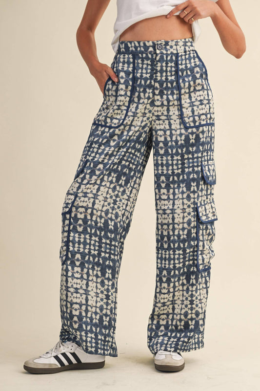 SATIN PRINTED WIDE LEG CARGO PANTS MP4163: Denim Navy / S