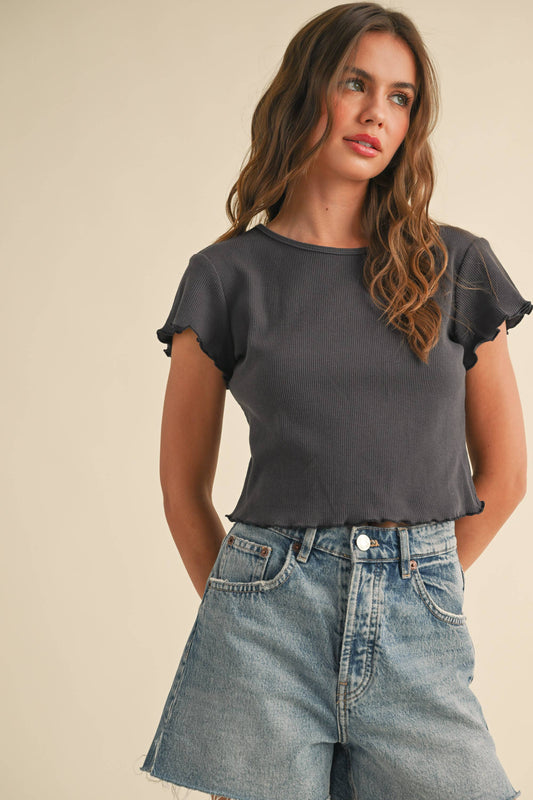 MINI WAFFLE FABRIC SHORT SLEEVE TOP: Charcoal