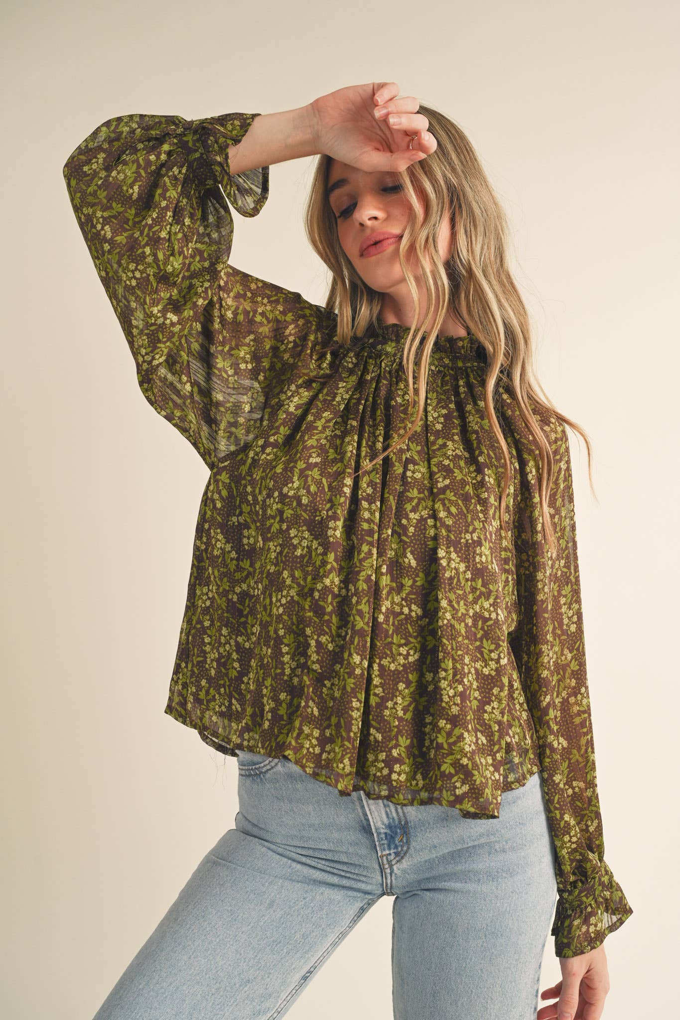 FLORAL LUREX BALLOON SLEEVE TOP: BROWN SAGE LIME