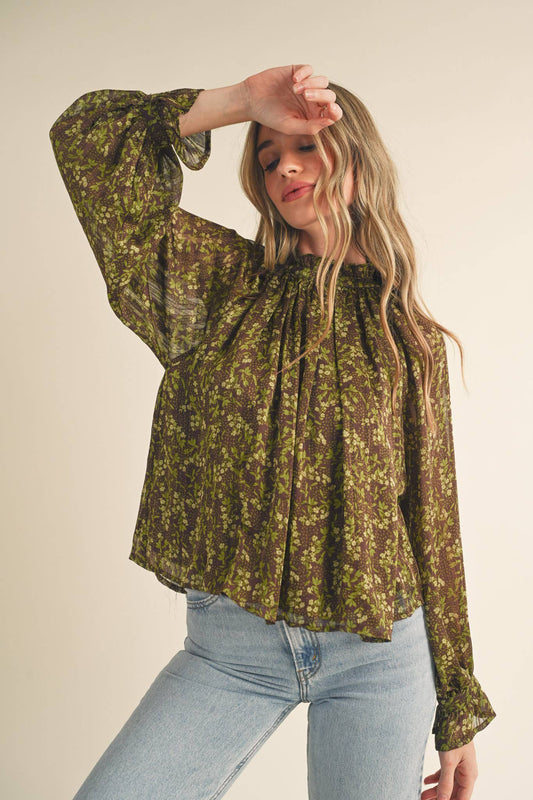 FLORAL LUREX BALLOON SLEEVE TOP: BROWN SAGE LIME