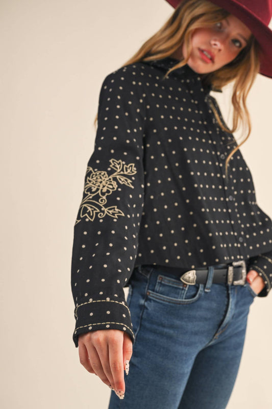 POLKA DOT FLORAL EMBROIDERY BUTTON UP: Black