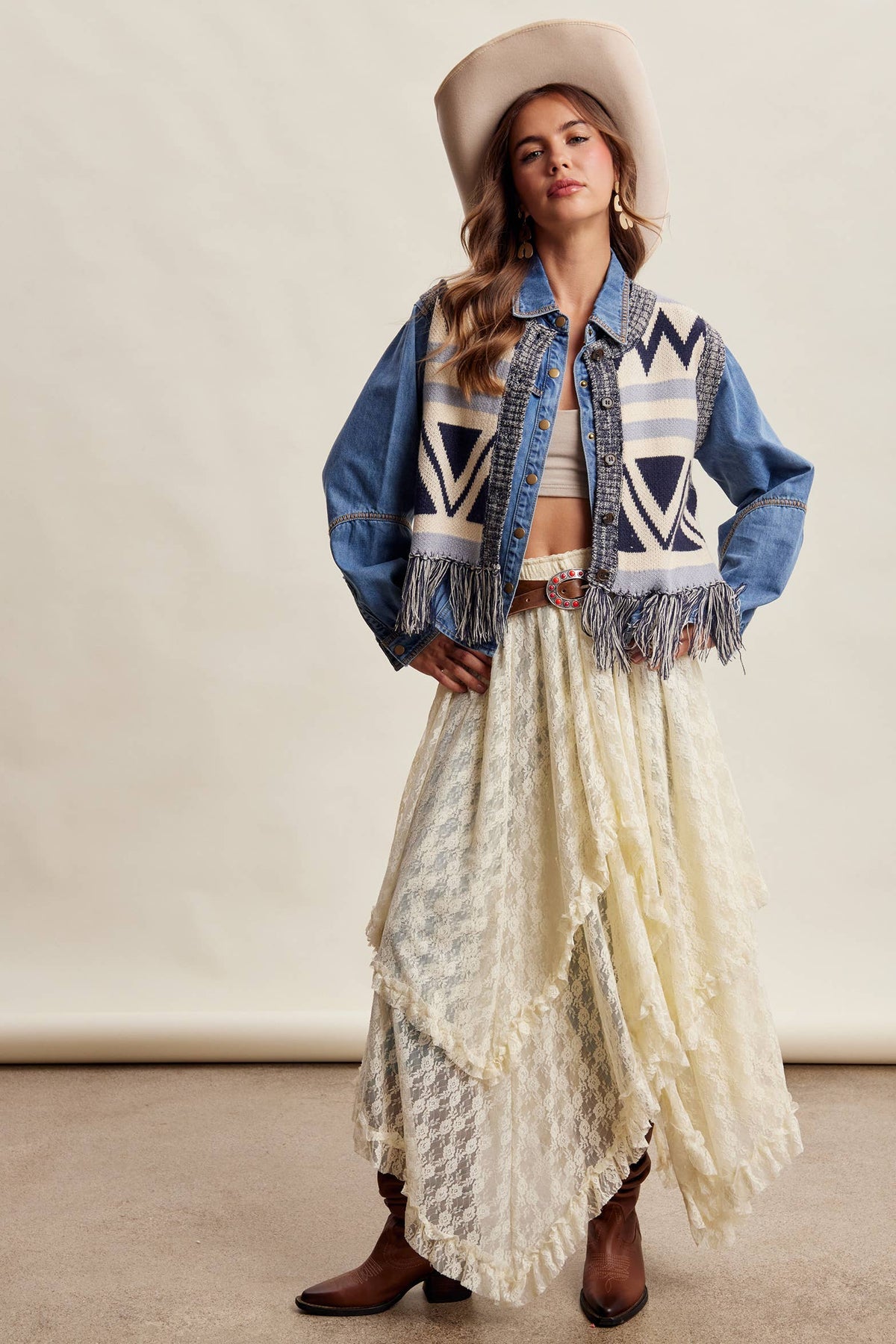 Western Fringe Knit Sweater Vest: Navy