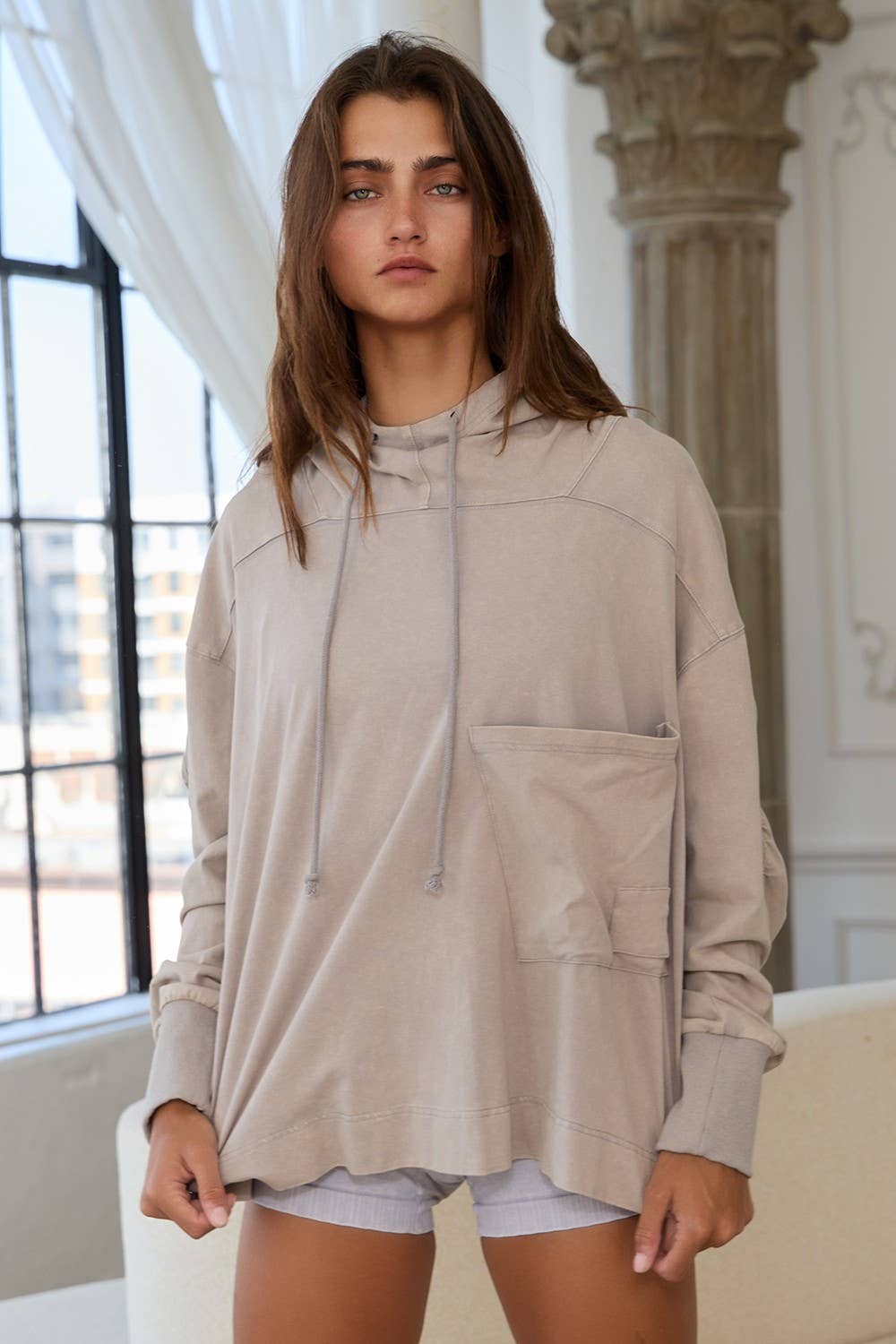 Drawstring High Neck Oversized Hoodie: Taupe grey