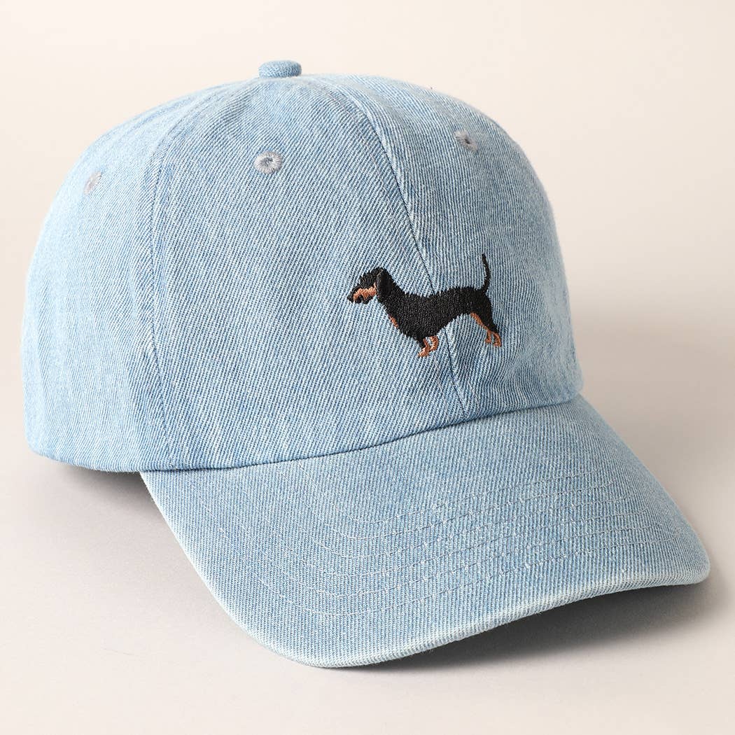 Dachshund Dog Embroidered Denim Baseball Cap: Light Denim