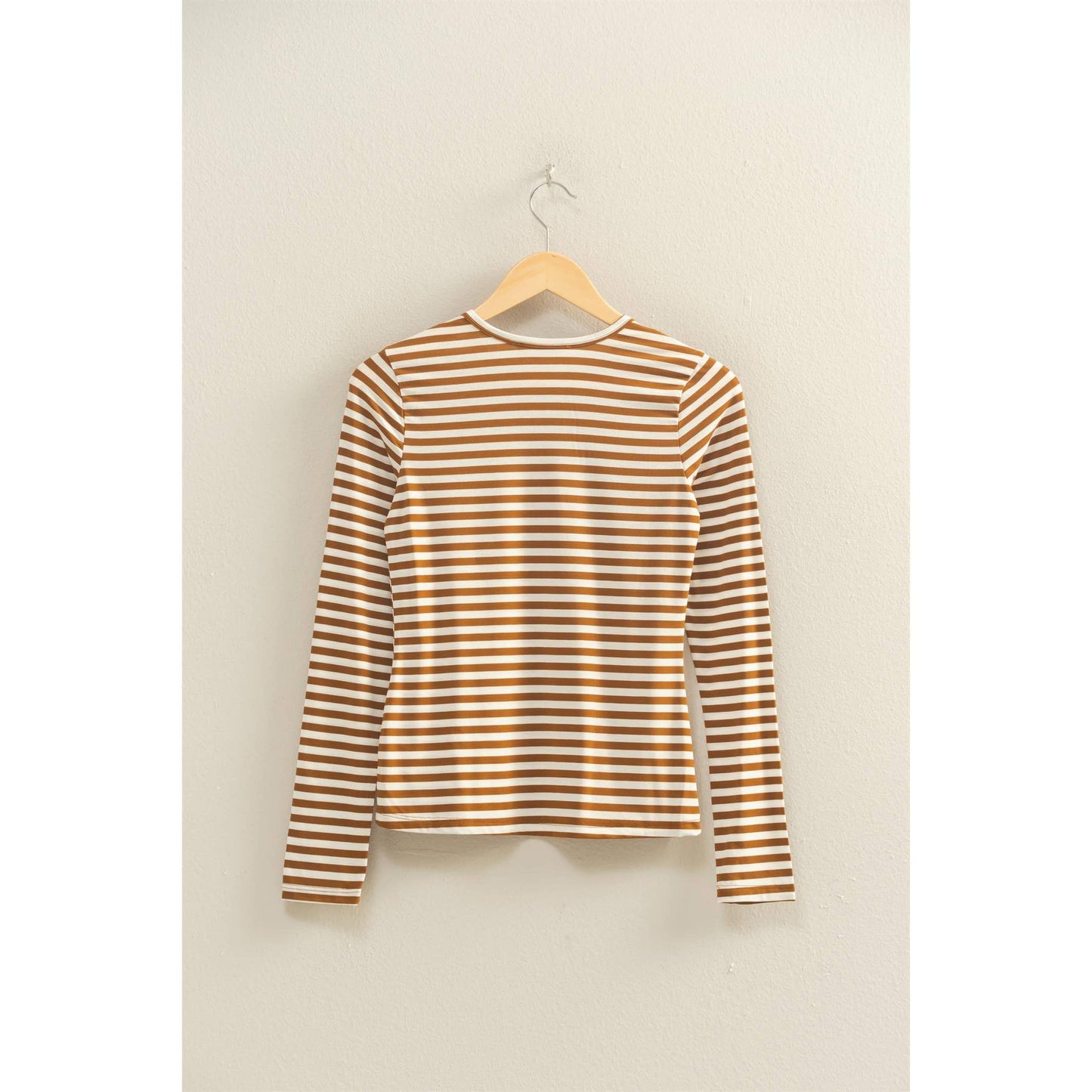 Striped Crew Neck Fitted Long Sleeve Top: BROWN/WHITE