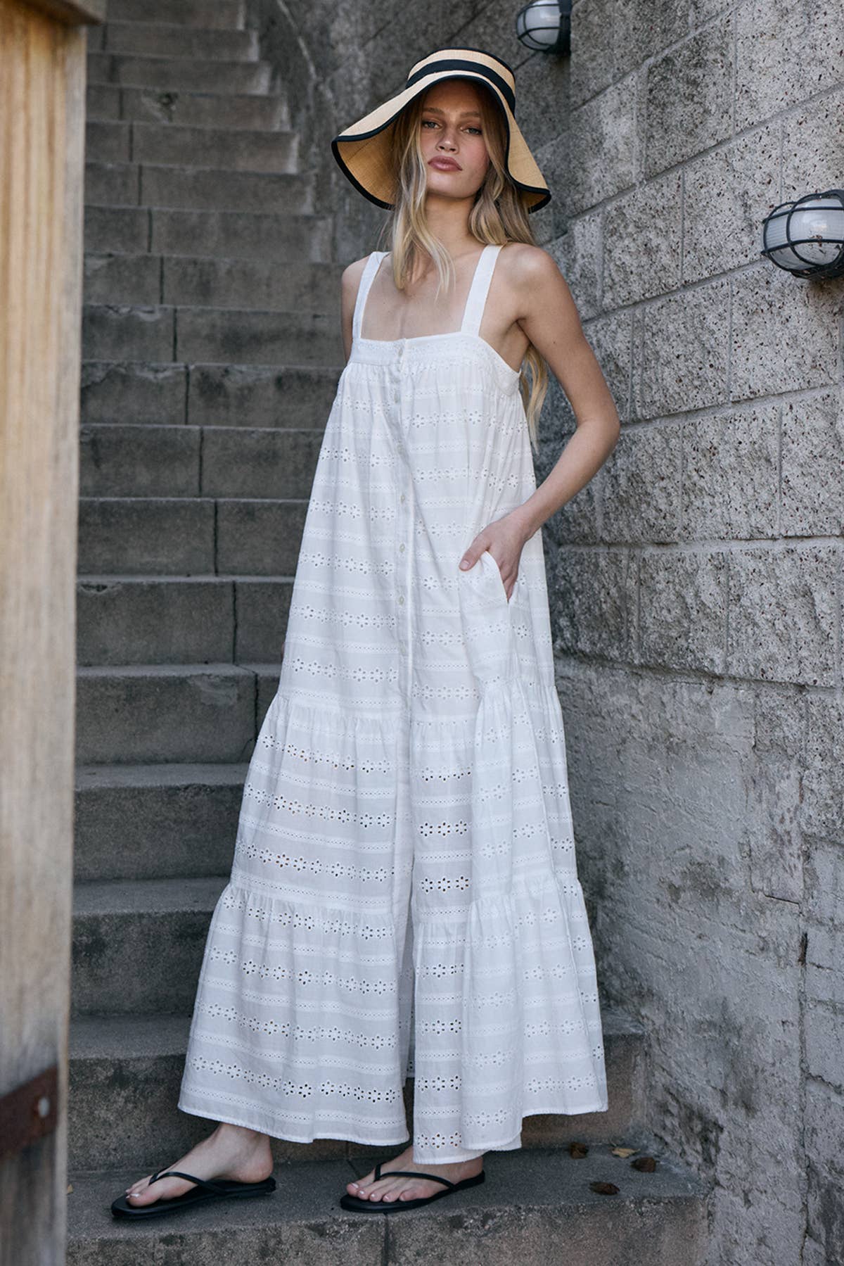 Eyelet Tiered Button Front Maxi Dress: WHITE
