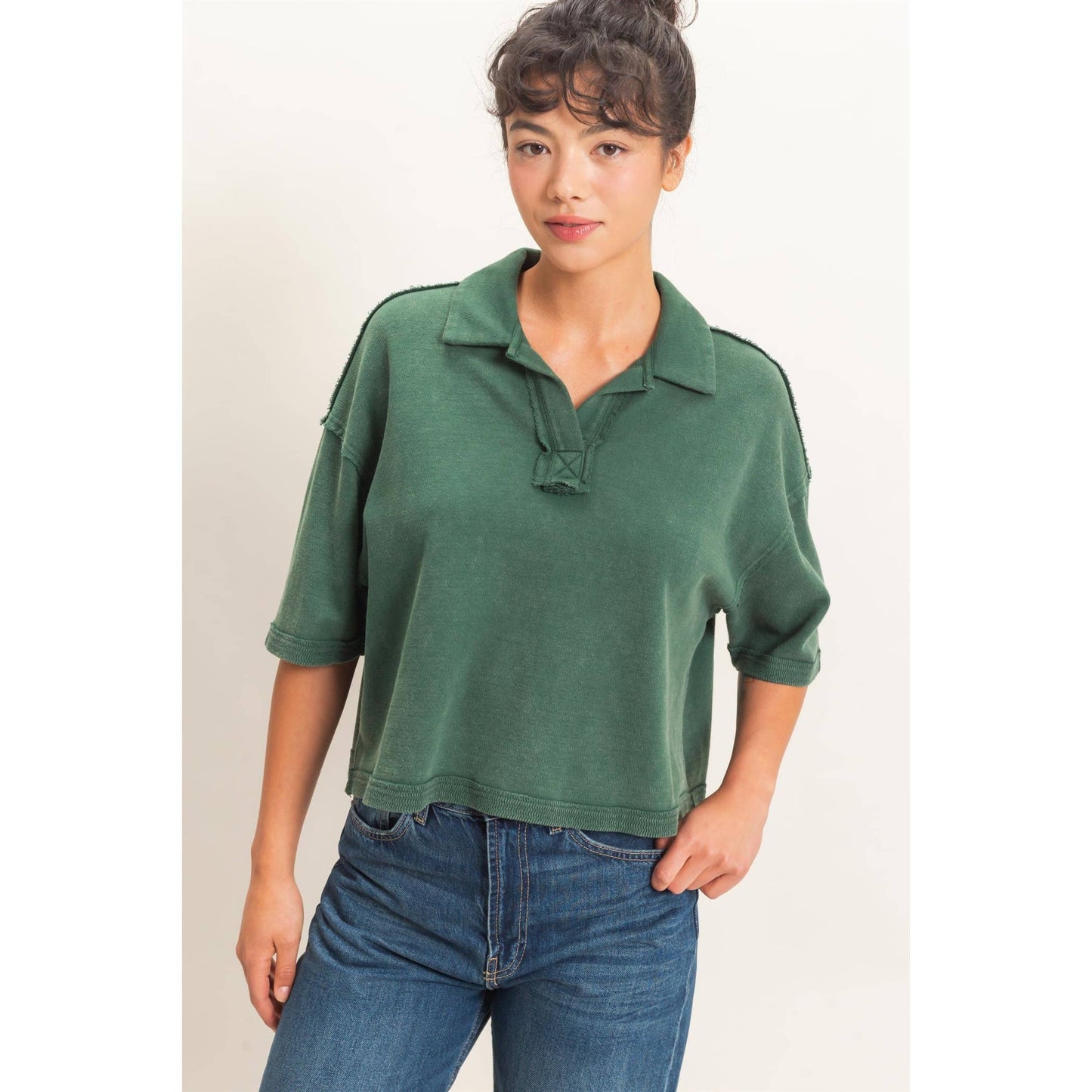 Mineral Wash Oversized Collar Short Sleeve Top: DARK GREEN