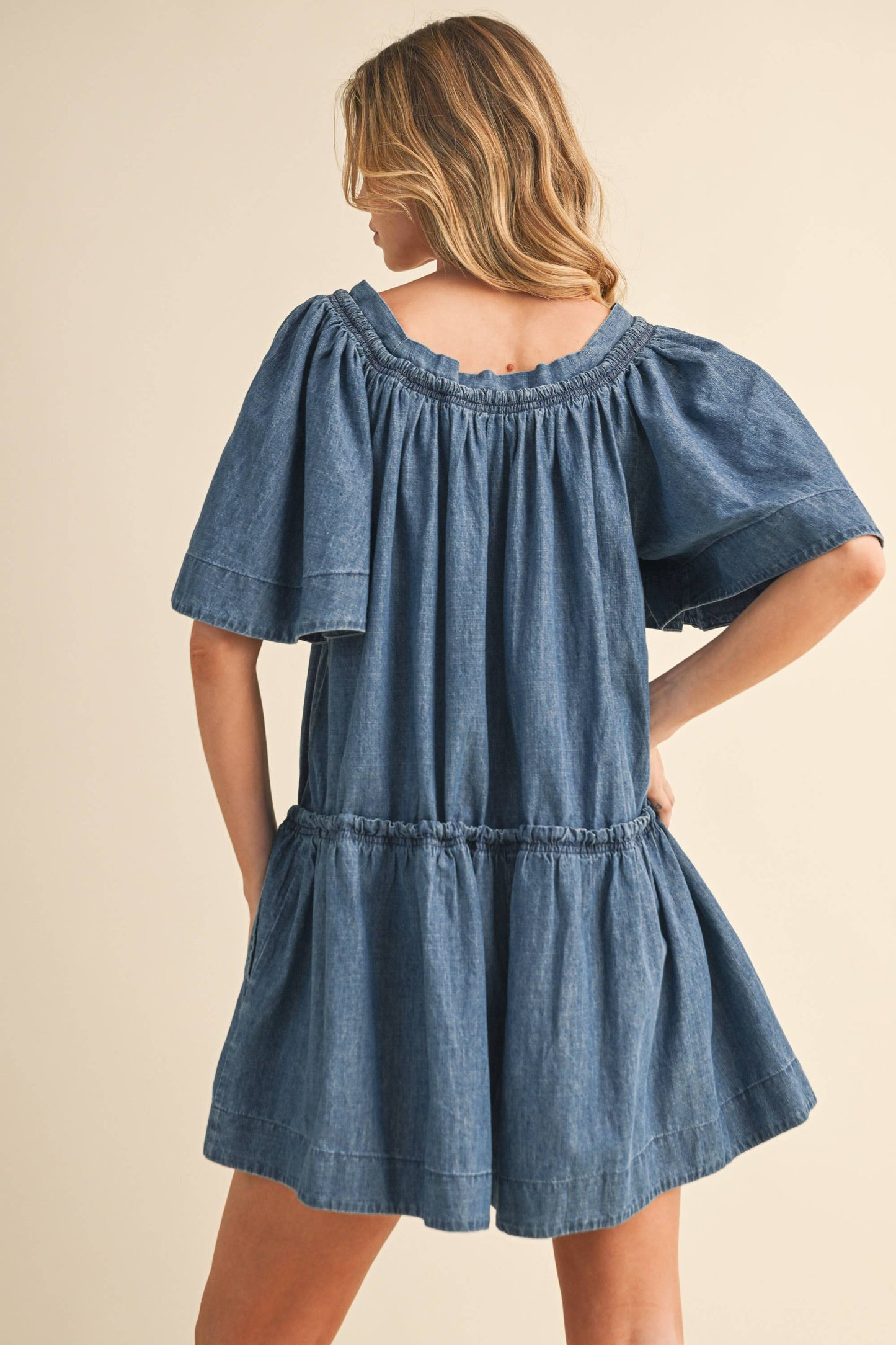 DENIM BUTTERFLY SLEEVE ROMPER: DENIM