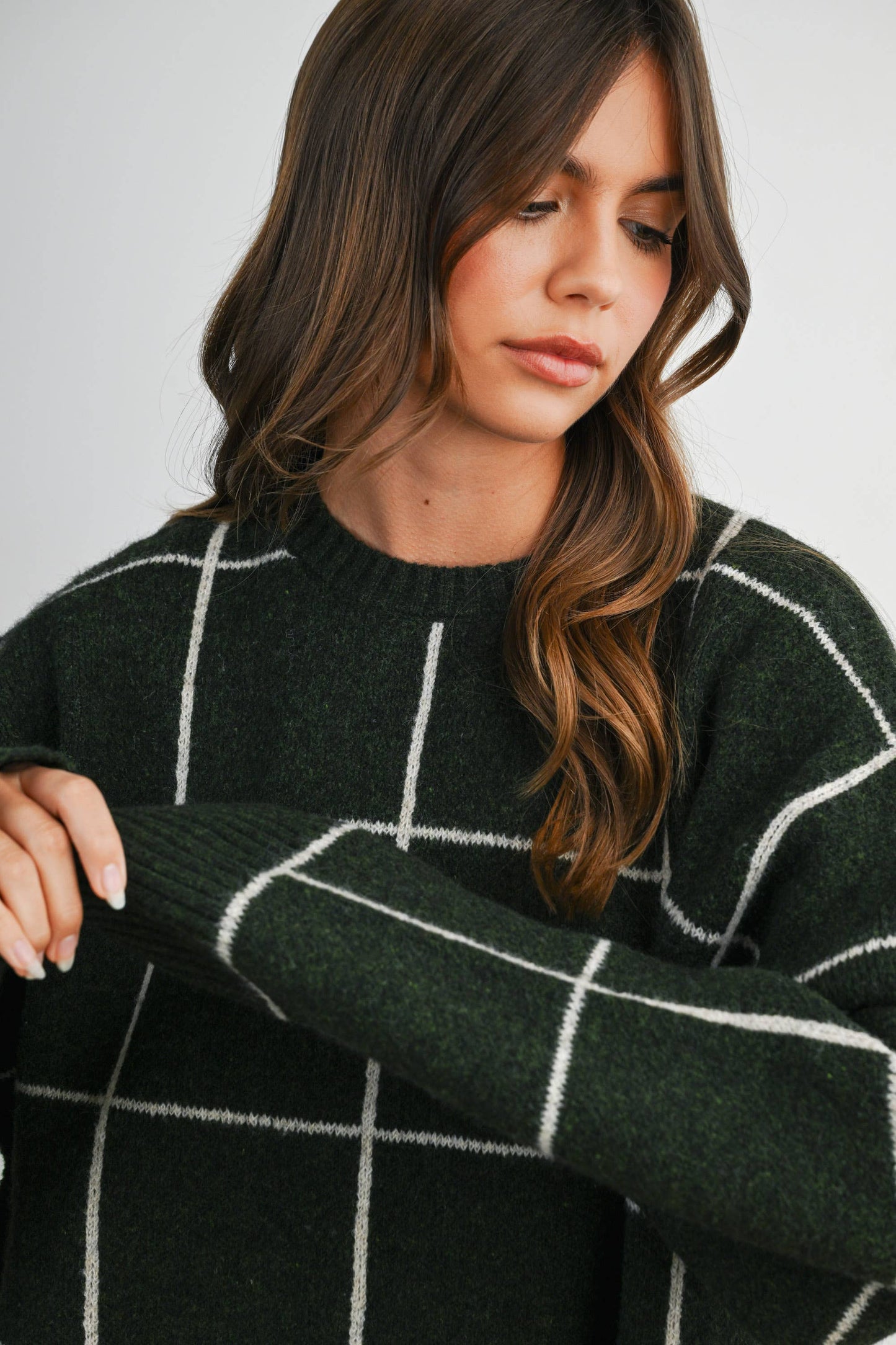Checkered Crew Neck Knit Sweater : OLIVE MULTI