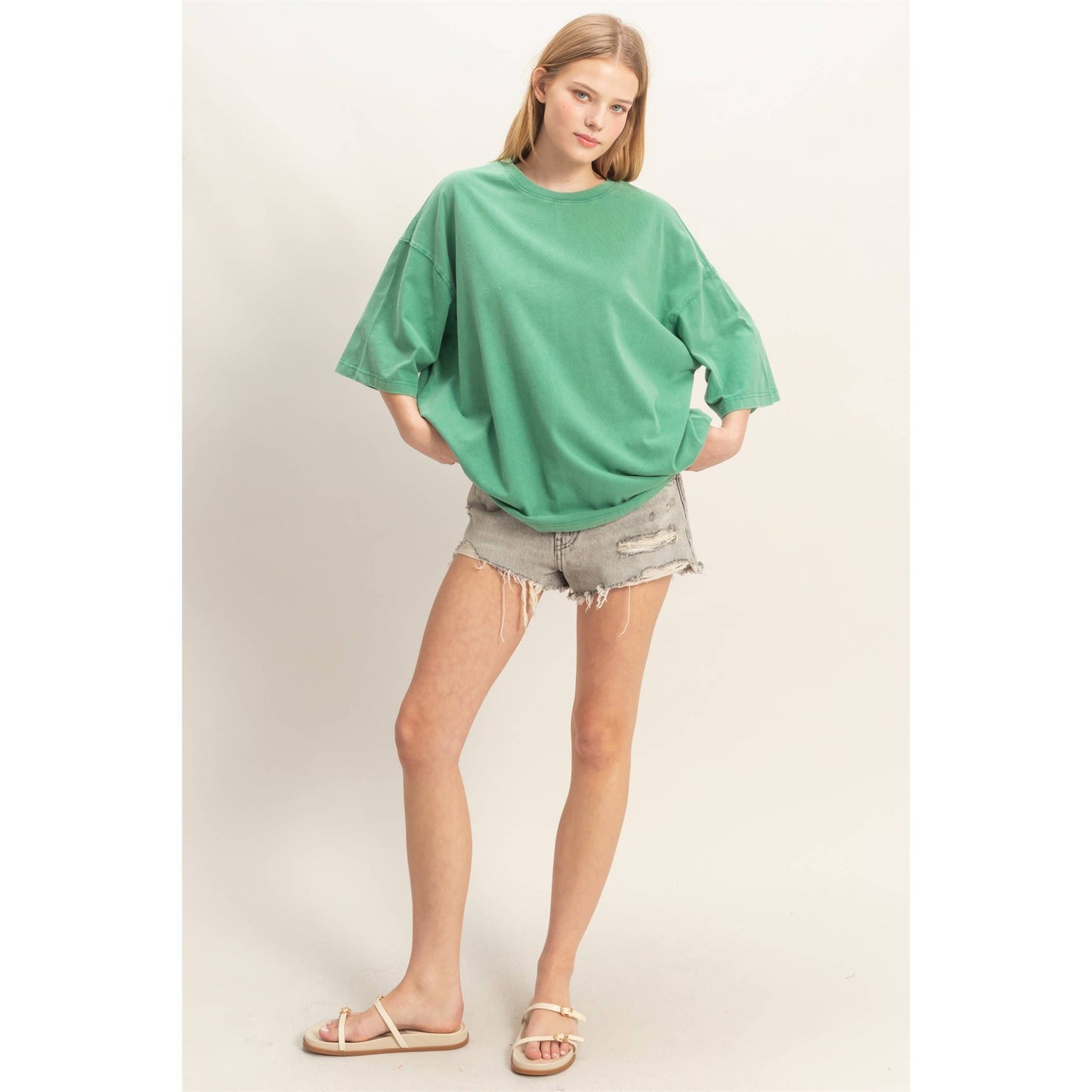 Washed Oversized Crew Neck Top: GREEN