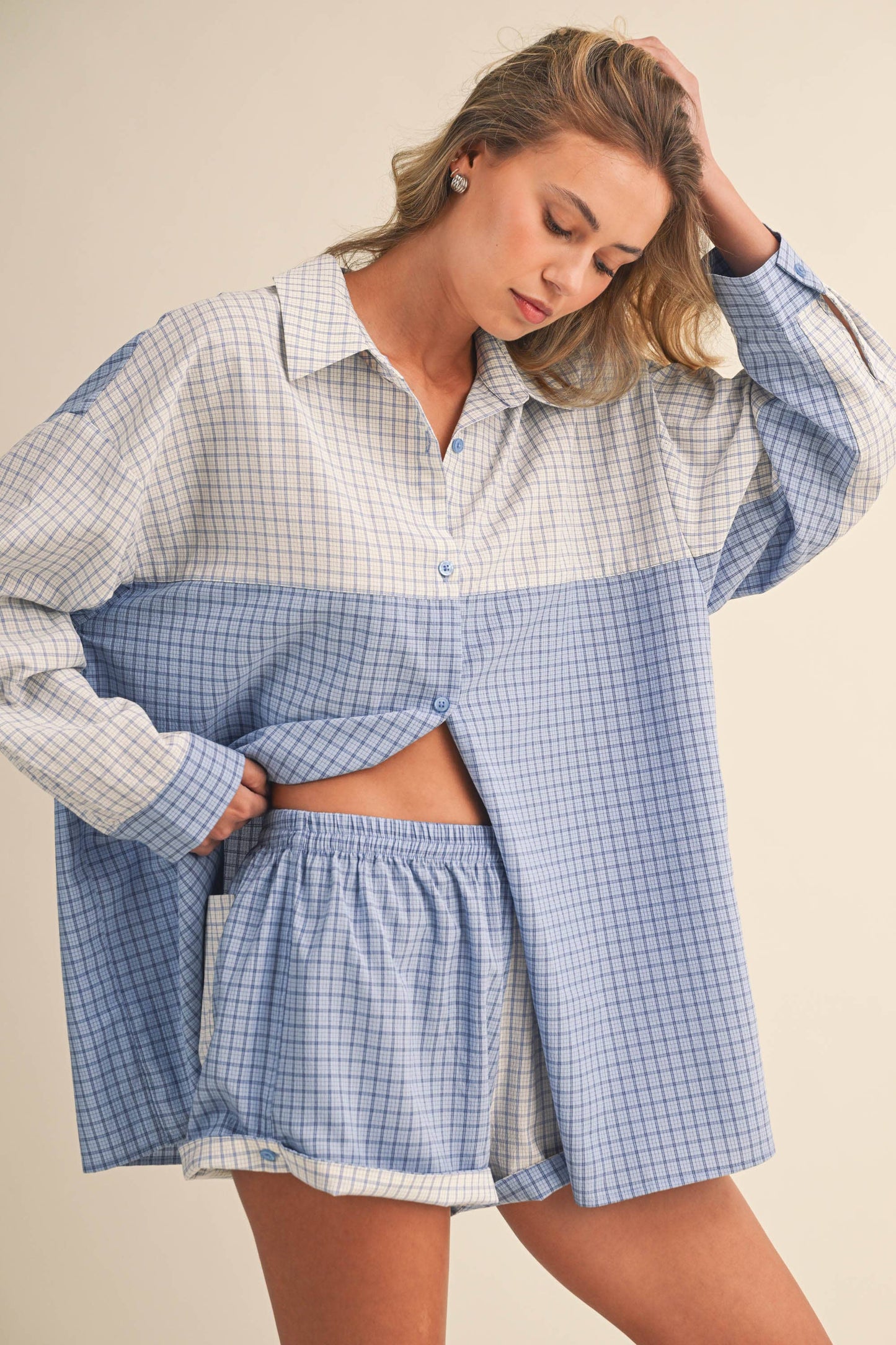 Long Sleeve Button Down Shirt and Short Set: Blue Multi