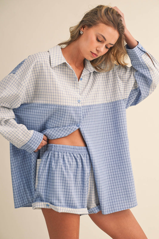 Long Sleeve Button Down Shirt and Short Set: Blue Multi