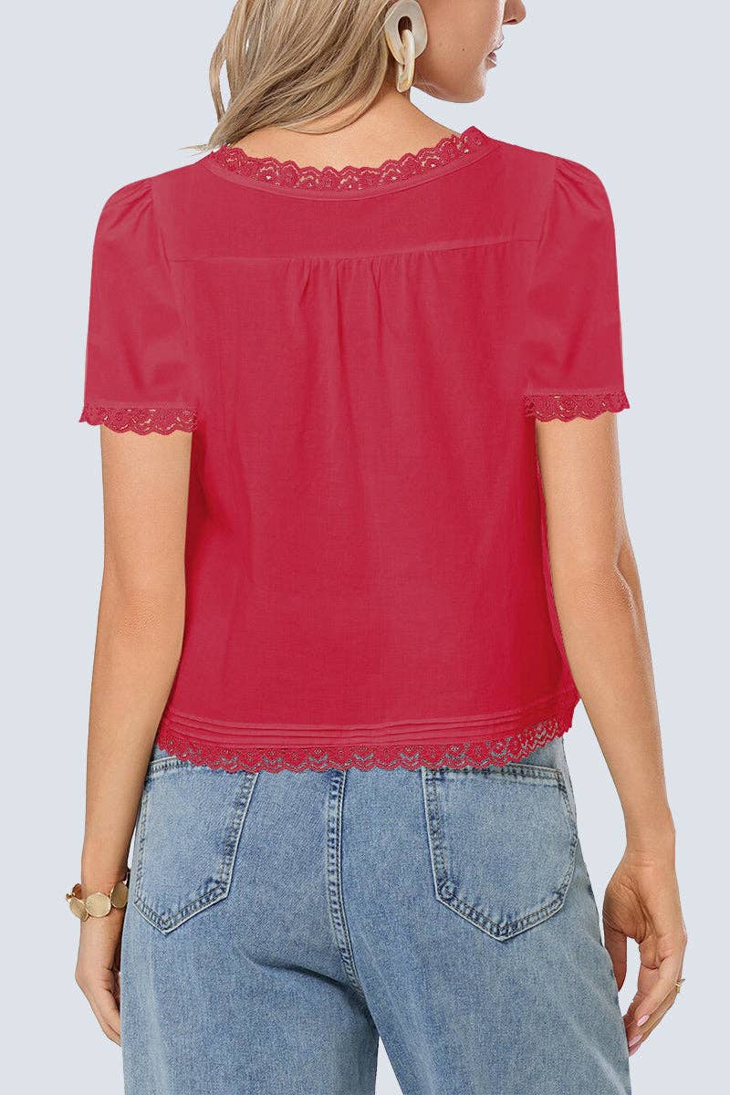 Lace-Trim Button-Down: RED