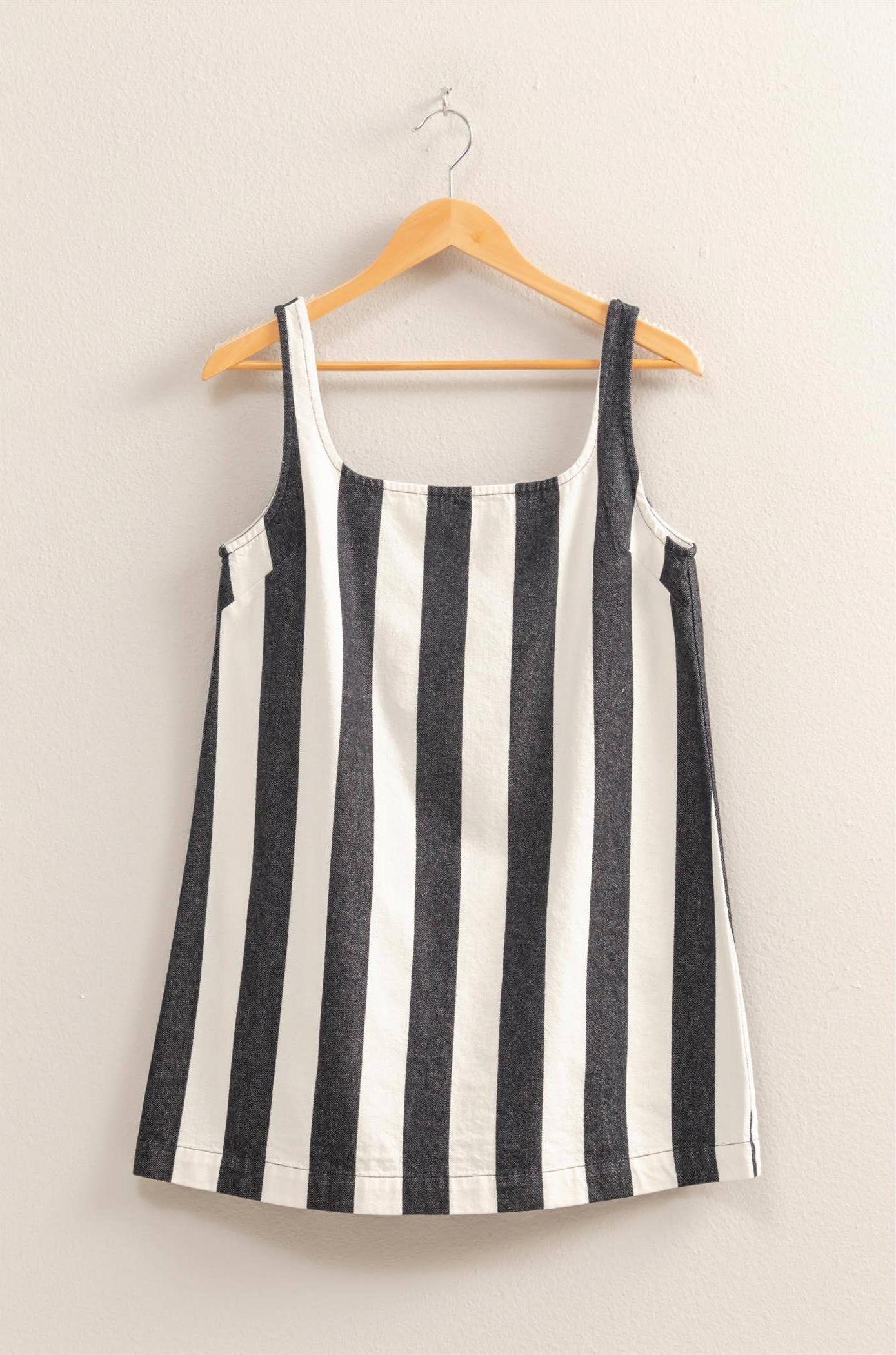 Striped Square Neck Woven Mini Dress: Blacl