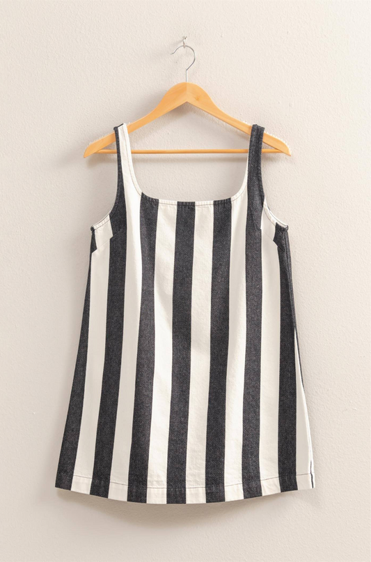 Striped Square Neck Woven Mini Dress: Blacl