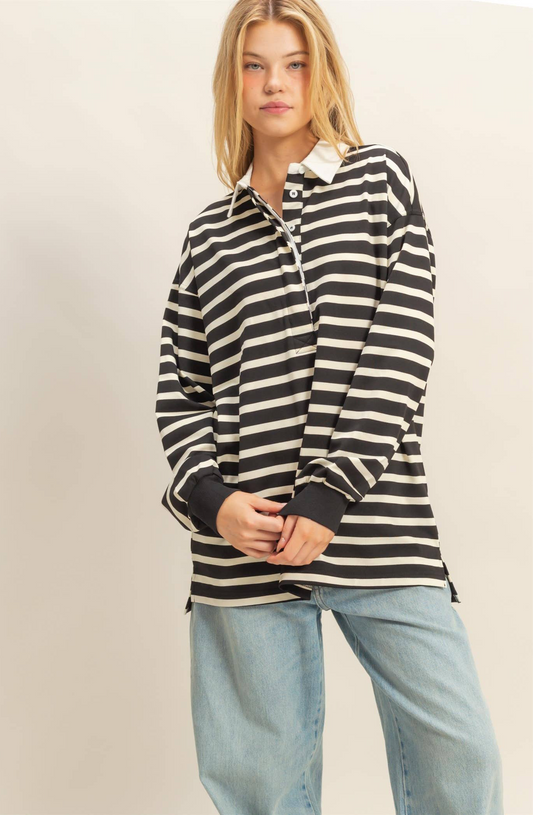 Classic Stripe Rugby Polo With Collar Shirt: BLACK/CREAM