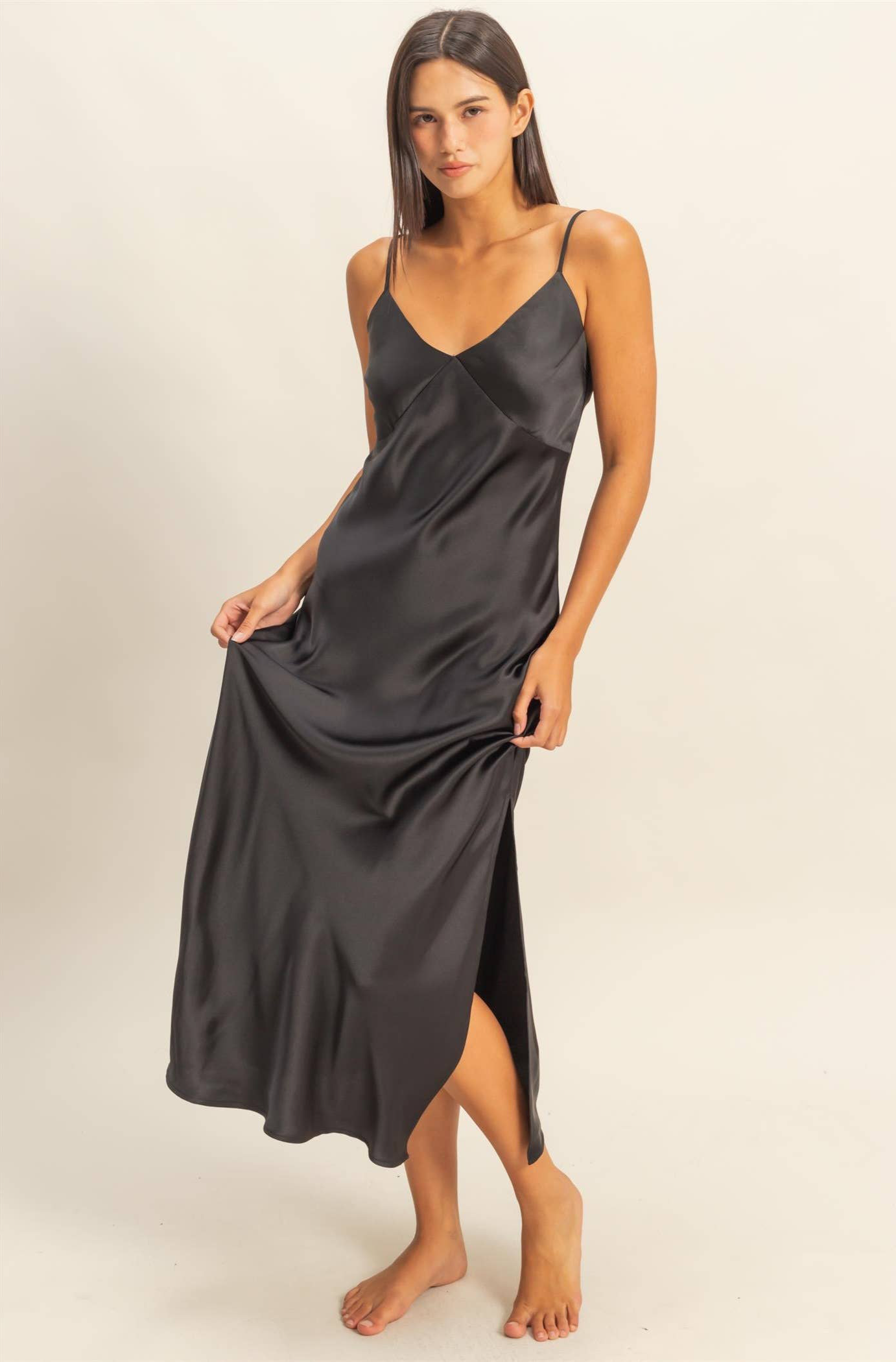 Satin Midi Dress With A Side Slit: BLACK
