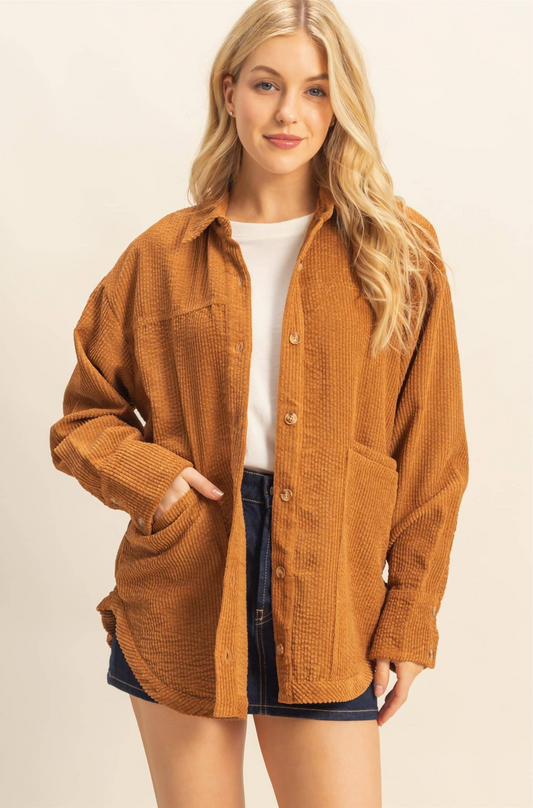 Classic Corduroy Shacket With Pockets: BROWN