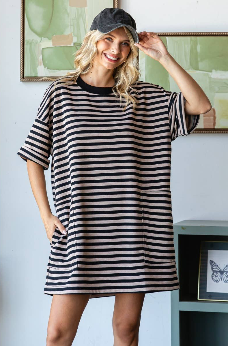 Stripe Knit Pullover Oversized Tee Dress : Oatmeal/Black