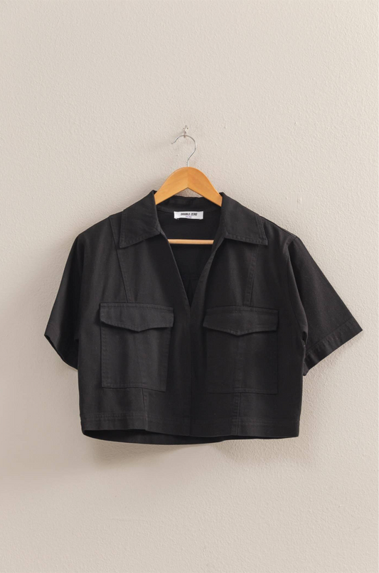 Spring Short Sleeve Denim Shirts: BLACK
