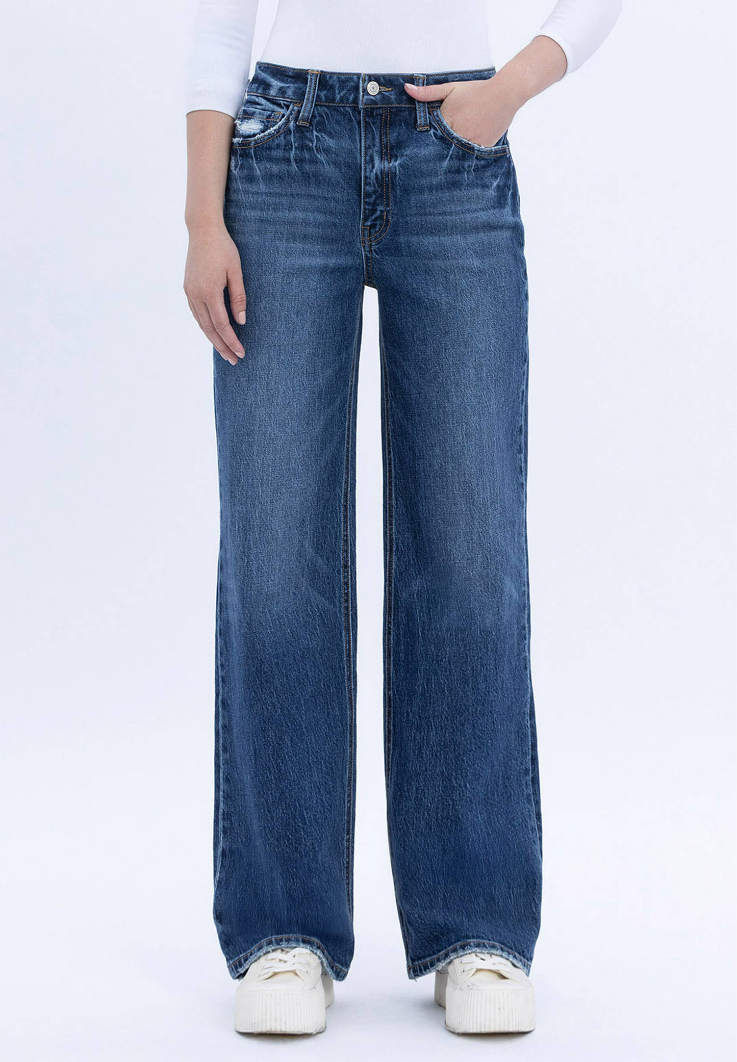 90'S SUPER HIGH RISE DARK WASH WIDE JEANS T6242DK: DARK WASH