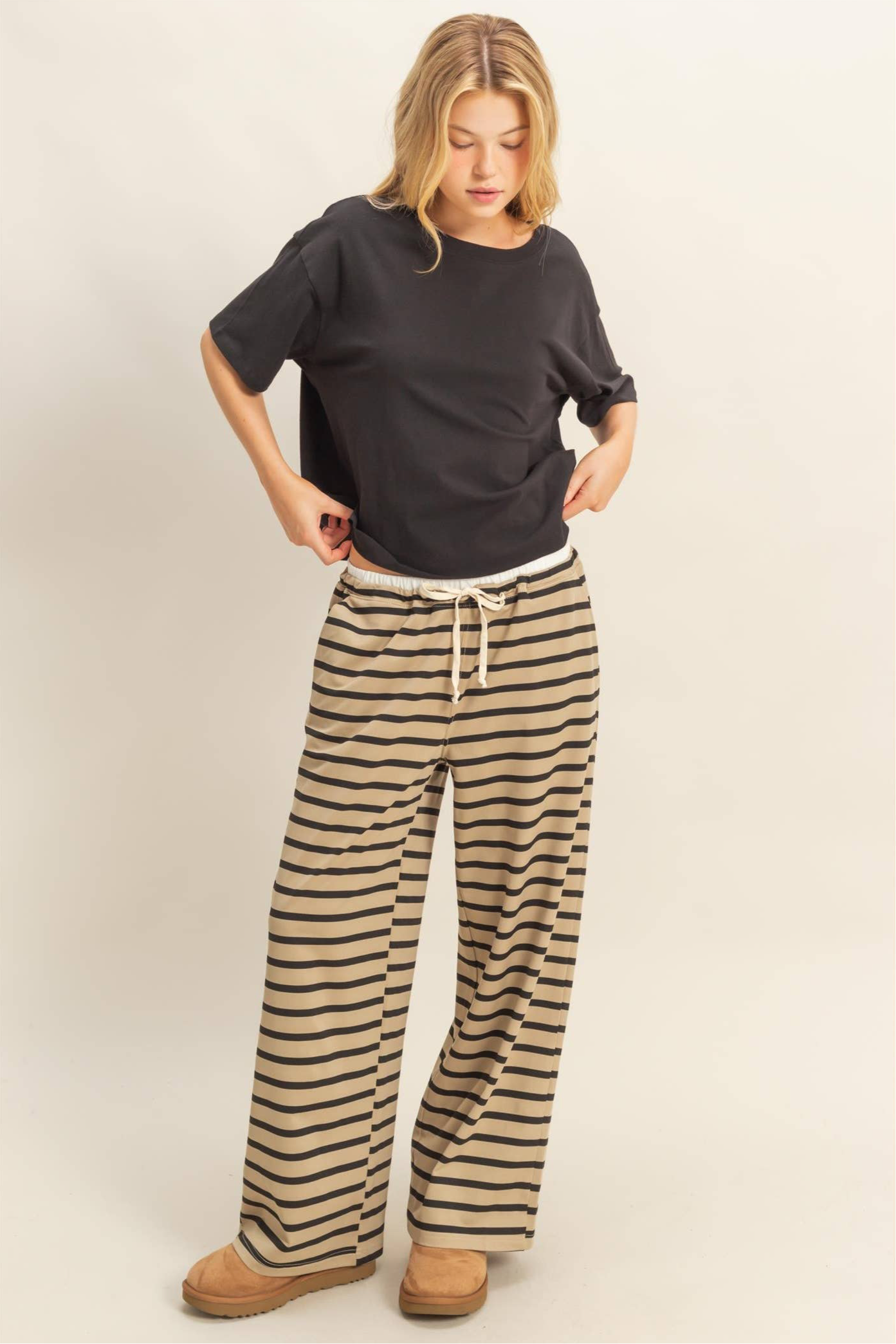 Striped Knit Drawstring Lounge Pants: TAUPE/ BLACK